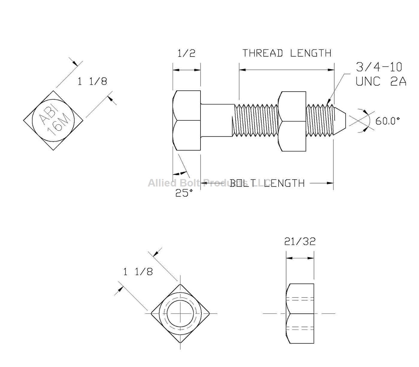 3/4" X 12" SQUARE HEAD MACHINE BOLT WITH NUT